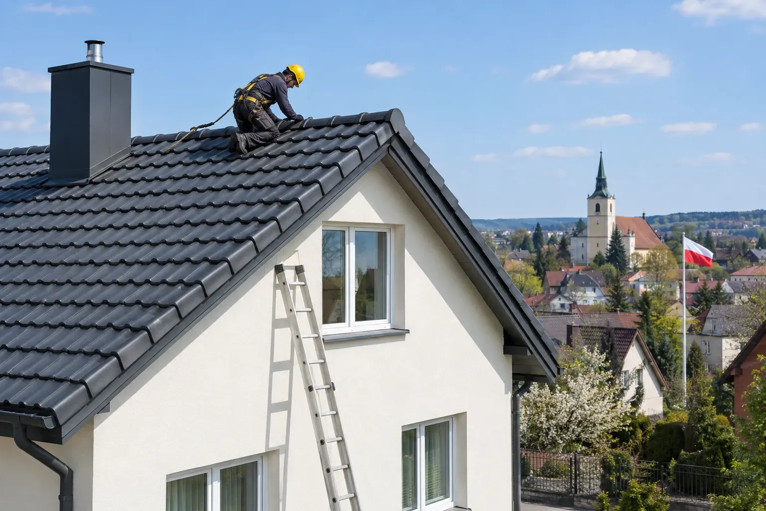 Dekarz w szelkach i kasku pracuje na kalenicy dachu z dachówek ceramicznych, przy domu z jasnym tynkiem.
