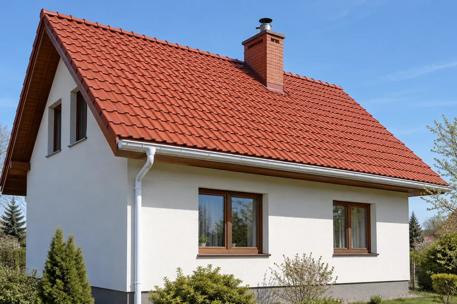 Dach pokryty nową dachówką ceramiczną, z białą rynną wzdłuż okapu.