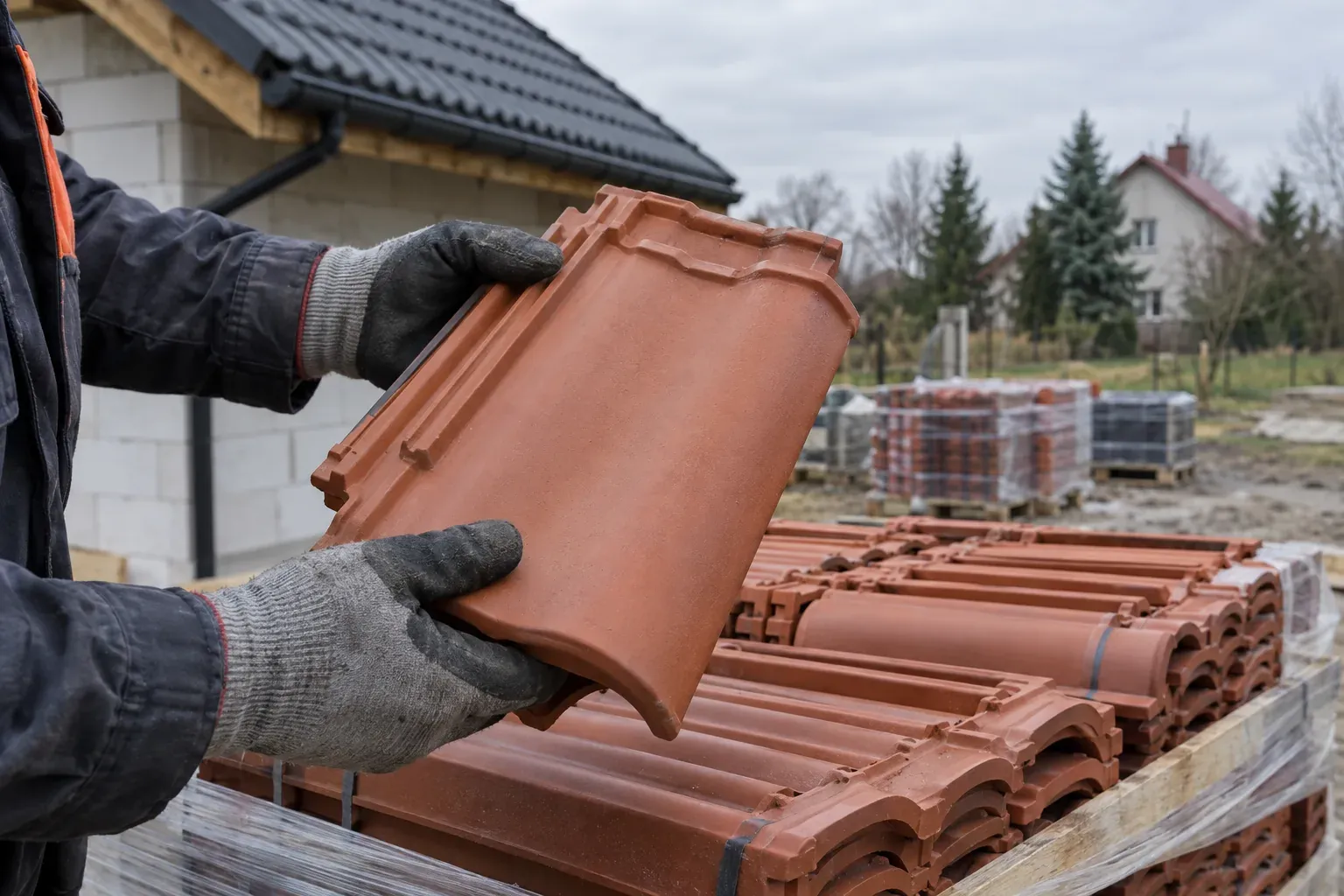 Dłonie w rękawicach trzymają dachówkę ceramiczną nad paletami dachówek na placu budowy.