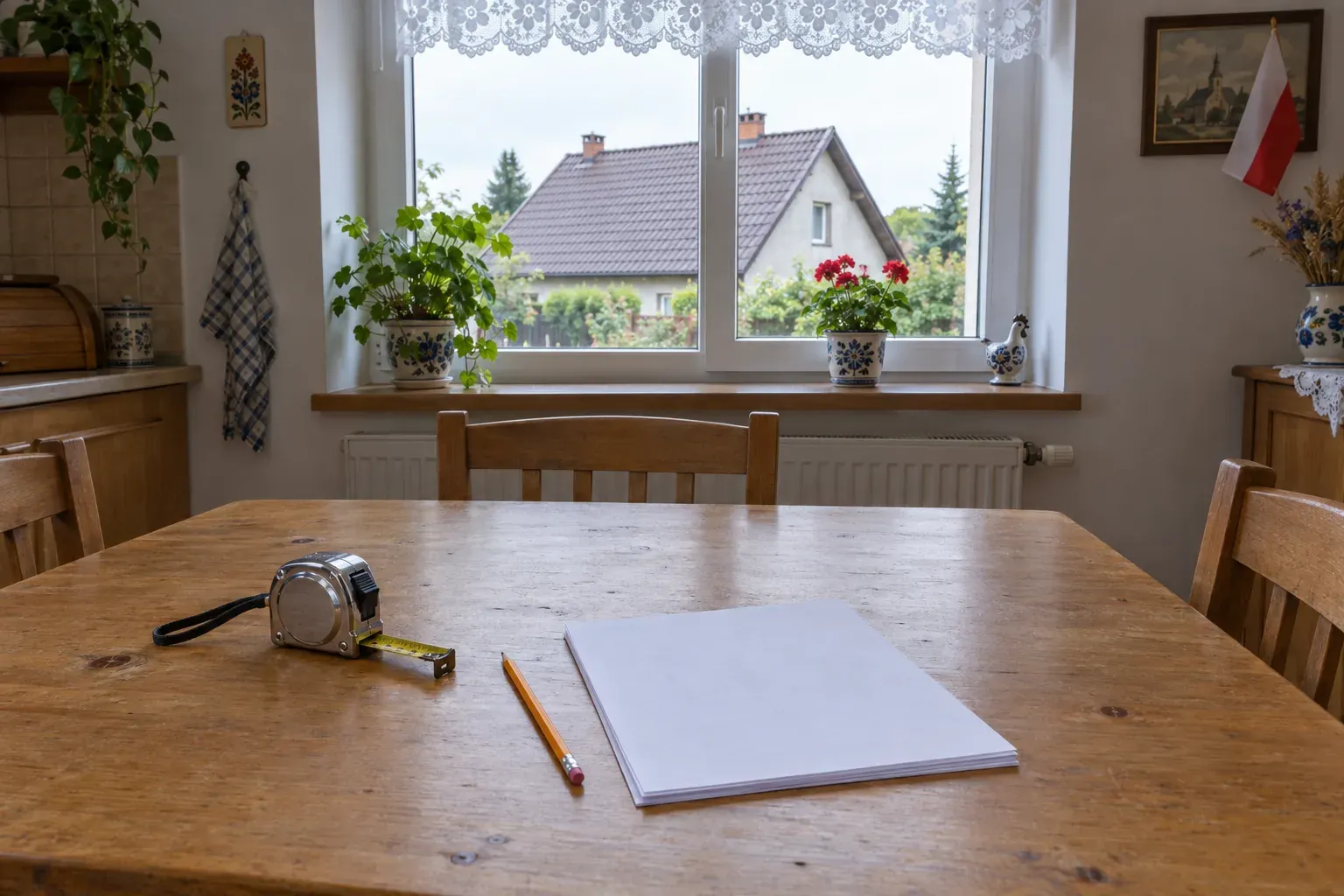 Drewniany stół w kuchni, na nim miarka zwijana, ołówek i blok papieru. Za oknem widać dach sąsiedniego domu.