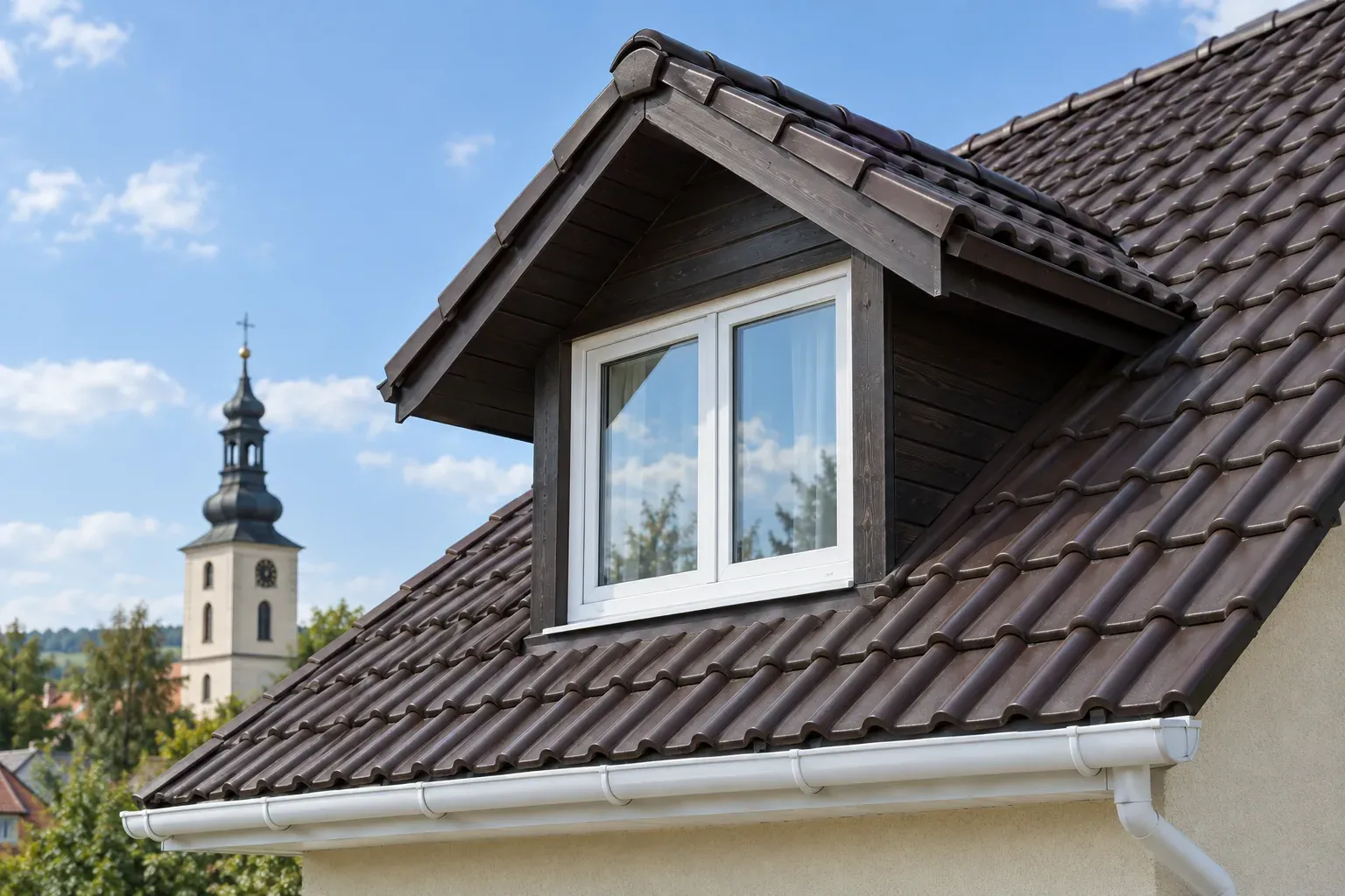 Dach z dachówek ceramicznych z lukarną w pogodny dzień. Przy krawędzi biegnie biała rynna.